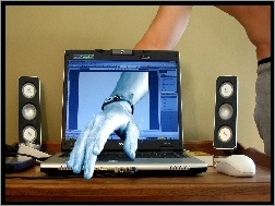 4D, Monitor, Ręka, Laptop